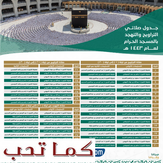 جدول أئمة الحرم المكي صلاة التهجد رمضان 1443
